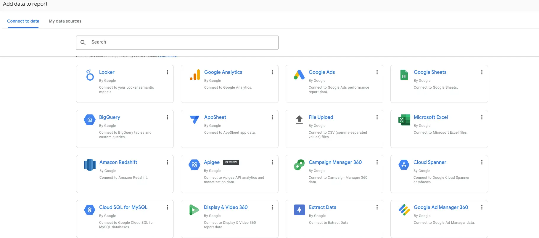 The Looker Studio data connector selection screen, displaying various Google and partner data sources.
